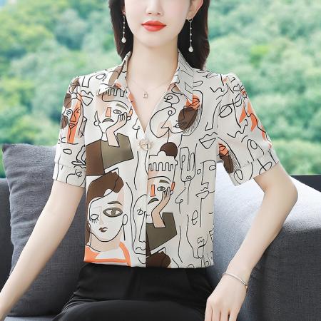 BY17377# 夏新款短袖真丝时尚气质印花POLO洋气上衣女小衫