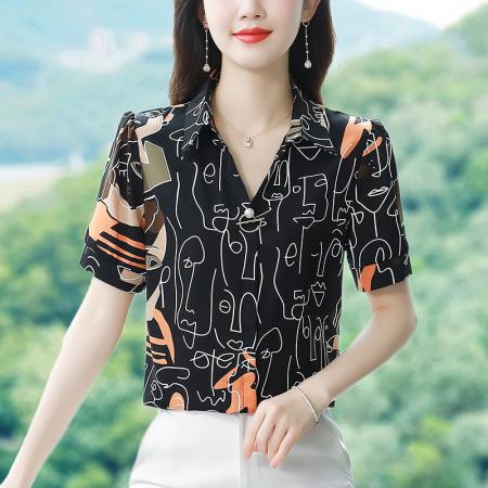 BY17377# 夏新款短袖真丝时尚气质印花POLO洋气上衣女小衫