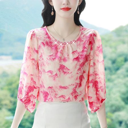BY17378# 夏季新款女装上衣圆领真丝印花法式小衫设计感套头七分袖