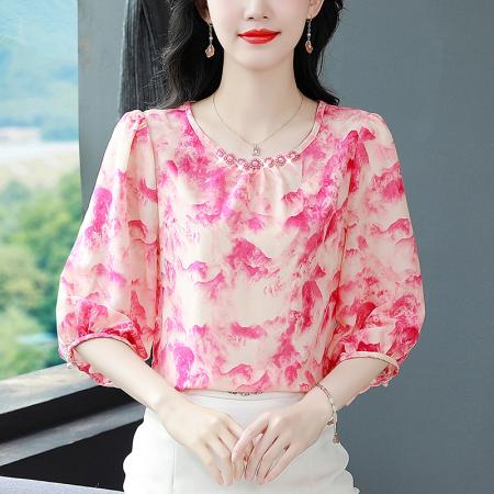 BY17378# 夏季新款女装上衣圆领真丝印花法式小衫设计感套头七分袖