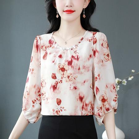 BY17378# 夏季新款女装上衣圆领真丝印花法式小衫设计感套头七分袖