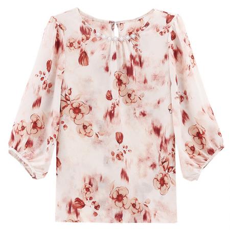 BY17378# 夏季新款女装上衣圆领真丝印花法式小衫设计感套头七分袖