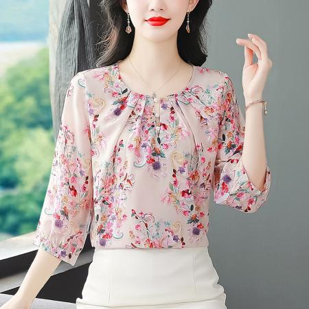 BY17379# 洋气印花衬衫新款复古遮肉显瘦套头打底上衣气质小衫