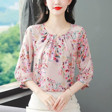 BY17379# 洋气印花衬衫新款复古遮肉显瘦套头打底上衣气质小衫