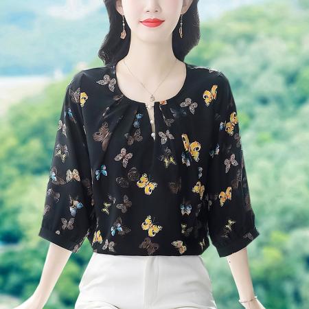 BY17379# 洋气印花衬衫新款复古遮肉显瘦套头打底上衣气质小衫