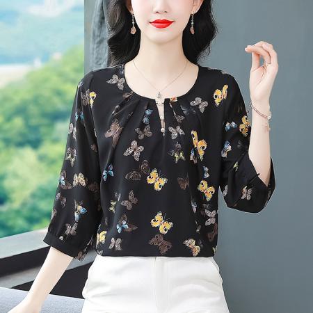 BY17379# 洋气印花衬衫新款复古遮肉显瘦套头打底上衣气质小衫