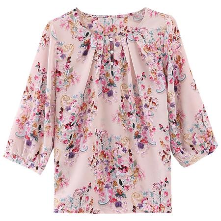 BY17379# 洋气印花衬衫新款复古遮肉显瘦套头打底上衣气质小衫