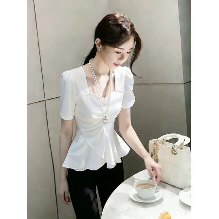 BY17380# 时尚洋气高端精致白色荷叶边上衣春季新款法式小资收腰衬衫女