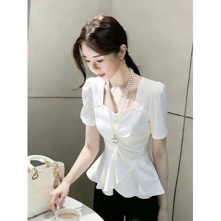 BY17380# 时尚洋气高端精致白色荷叶边上衣春季新款法式小资收腰衬衫女