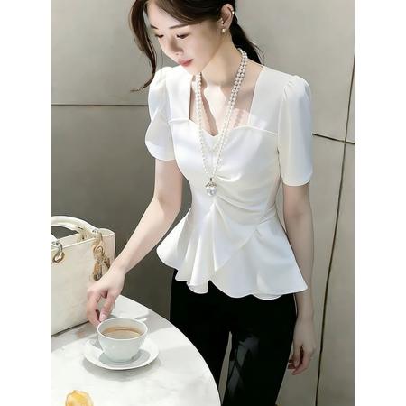 BY17380# 时尚洋气高端精致白色荷叶边上衣春季新款法式小资收腰衬衫女