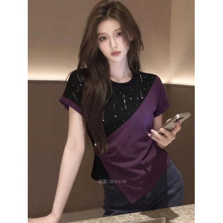 BY17381# 新款韩系夏季撞色满天星短袖上衣女时髦设计感百搭气质时尚感