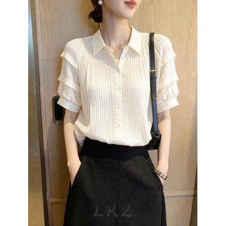 BY17382# 法式白色POLO领衬衫女夏季新款时尚洋气长袖衬衣气质减龄上衣