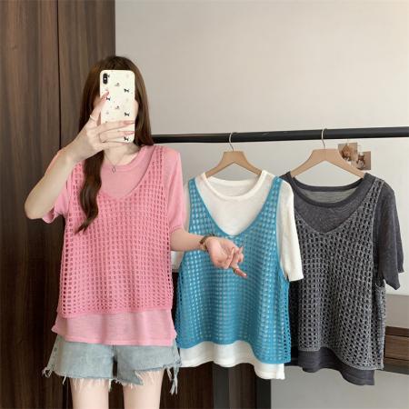 BY17383# 假两件短袖T恤女夏新款针织衫大码胖mm慵懒风上衣