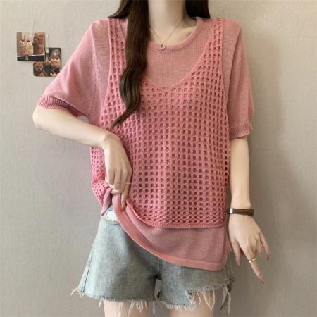 BY17383# 假两件短袖T恤女夏新款针织衫大码胖mm慵懒风上衣