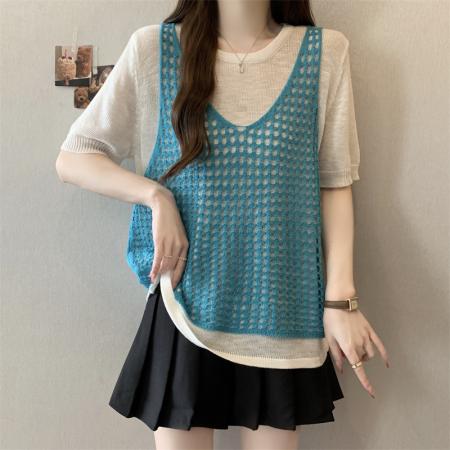 BY17383# 假两件短袖T恤女夏新款针织衫大码胖mm慵懒风上衣