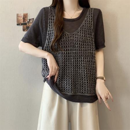 BY17383# 假两件短袖T恤女夏新款针织衫大码胖mm慵懒风上衣
