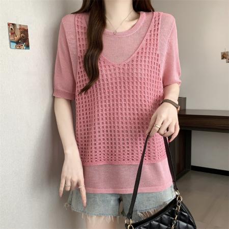 BY17383# 假两件短袖T恤女夏新款针织衫大码胖mm慵懒风上衣