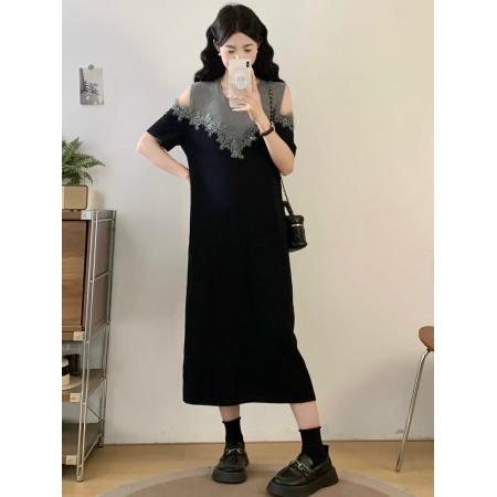 BY17384# 针织连衣裙大码露肩蕾丝拼接长裙