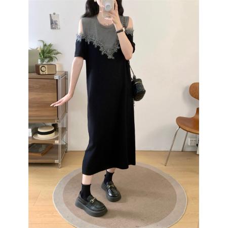 BY17384# 针织连衣裙大码露肩蕾丝拼接长裙