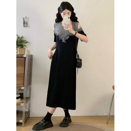 BY17384# 针织连衣裙大码露肩蕾丝拼接长裙