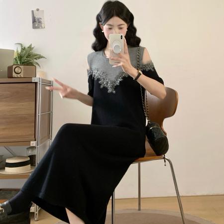 BY17384# 针织连衣裙大码露肩蕾丝拼接长裙