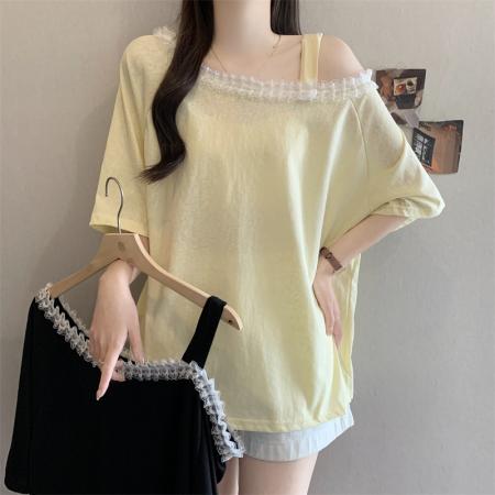 BY17386# 设计感露肩蕾丝拼接上衣大码胖MM夏季简约风宽松显瘦短袖T恤女