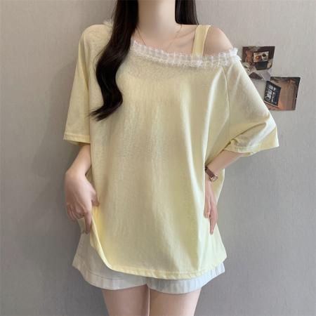BY17386# 设计感露肩蕾丝拼接上衣大码胖MM夏季简约风宽松显瘦短袖T恤女