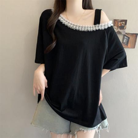 BY17386# 设计感露肩蕾丝拼接上衣大码胖MM夏季简约风宽松显瘦短袖T恤女