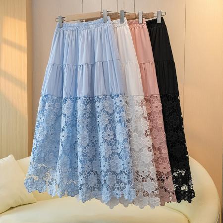 BY17387# 大码新款A字裙高腰显瘦长裙拼接蕾丝白色半身裙女蛋糕裙