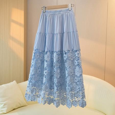 BY17387# 大码新款A字裙高腰显瘦长裙拼接蕾丝白色半身裙女蛋糕裙