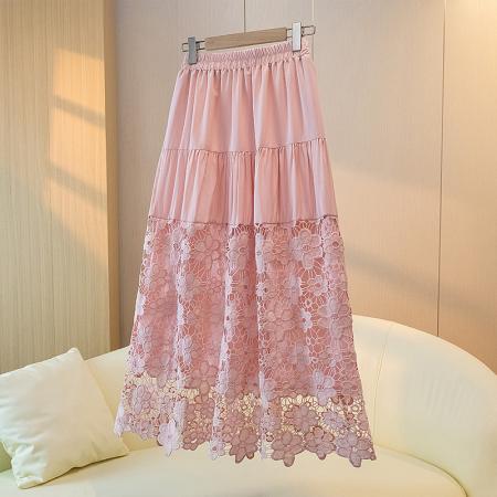 BY17387# 大码新款A字裙高腰显瘦长裙拼接蕾丝白色半身裙女蛋糕裙