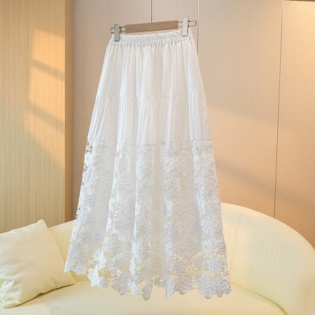 BY17387# 大码新款A字裙高腰显瘦长裙拼接蕾丝白色半身裙女蛋糕裙