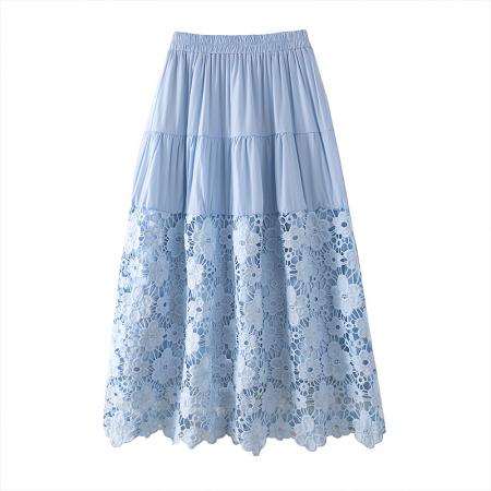 BY17387# 大码新款A字裙高腰显瘦长裙拼接蕾丝白色半身裙女蛋糕裙