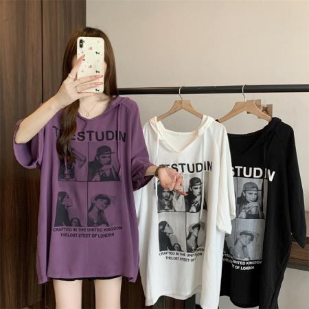 BY17388# 大码女装印花连帽短袖t恤女夏季胖mm显瘦中长款遮肚上衣藏肉