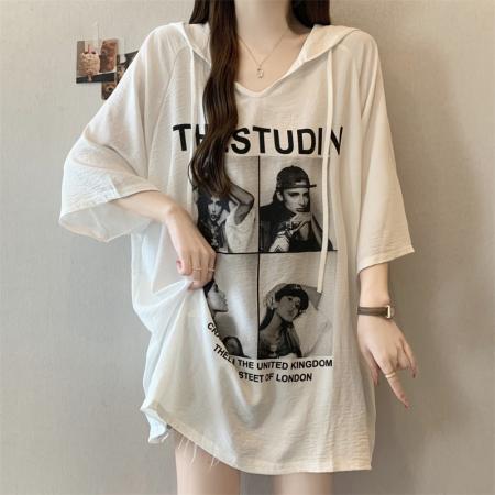 BY17388# 大码女装印花连帽短袖t恤女夏季胖mm显瘦中长款遮肚上衣藏肉