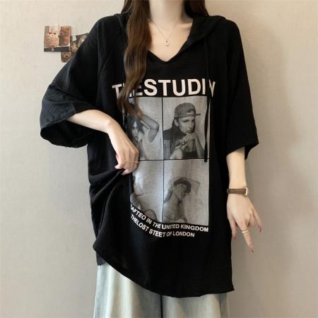 BY17388# 大码女装印花连帽短袖t恤女夏季胖mm显瘦中长款遮肚上衣藏肉