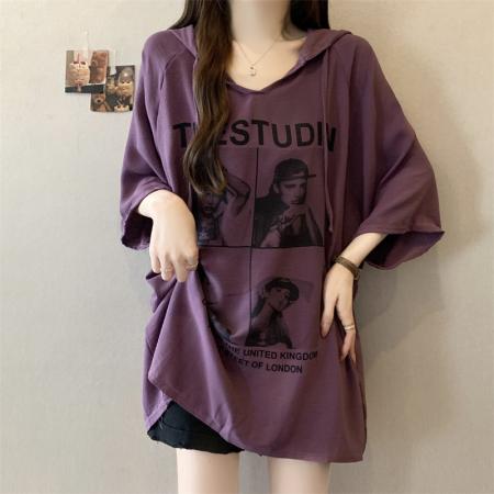 BY17388# 大码女装印花连帽短袖t恤女夏季胖mm显瘦中长款遮肚上衣藏肉