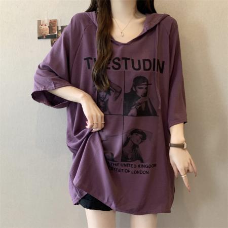 BY17388# 大码女装印花连帽短袖t恤女夏季胖mm显瘦中长款遮肚上衣藏肉