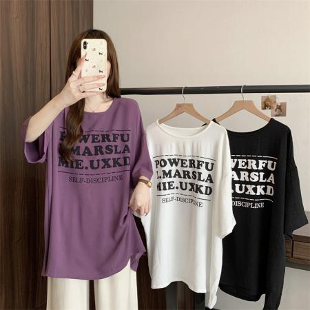 BY17389# 洋气短袖T恤夏季大码女装胖mm薄款遮肉显瘦上衣女