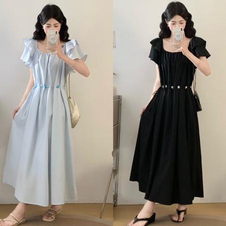 BY17390# 夏季大码女装时尚气质抽绳收腰连衣裙遮肉显瘦长裙