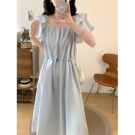 BY17390# 夏季大码女装时尚气质抽绳收腰连衣裙遮肉显瘦长裙