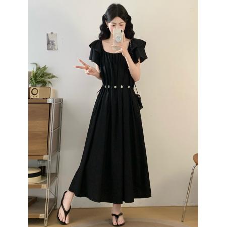 BY17390# 夏季大码女装时尚气质抽绳收腰连衣裙遮肉显瘦长裙