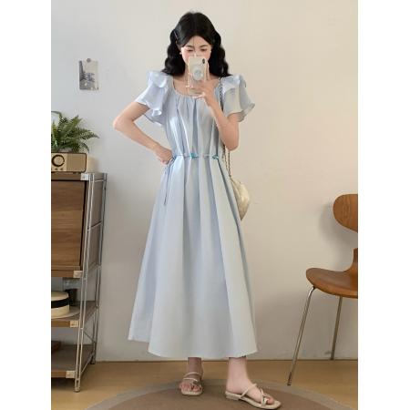 BY17390# 夏季大码女装时尚气质抽绳收腰连衣裙遮肉显瘦长裙