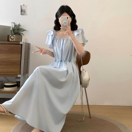 BY17390# 夏季大码女装时尚气质抽绳收腰连衣裙遮肉显瘦长裙