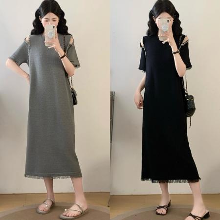 BY17391# 大码女装胖MM显瘦过膝长裙流苏边露肩连衣裙