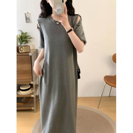 BY17391# 大码女装胖MM显瘦过膝长裙流苏边露肩连衣裙