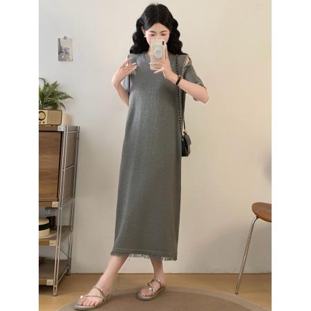 BY17391# 大码女装胖MM显瘦过膝长裙流苏边露肩连衣裙