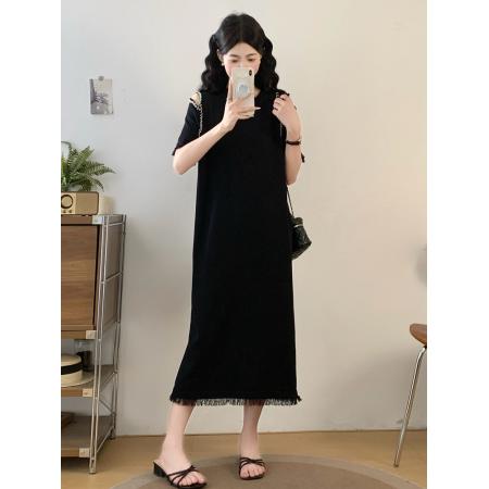 BY17391# 大码女装胖MM显瘦过膝长裙流苏边露肩连衣裙