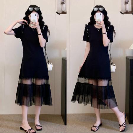 BY17392# 高级感烫钻黑色正肩连衣裙女大码胖mm掐腰直筒网纱拼接长裙