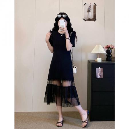 BY17392# 高级感烫钻黑色正肩连衣裙女大码胖mm掐腰直筒网纱拼接长裙